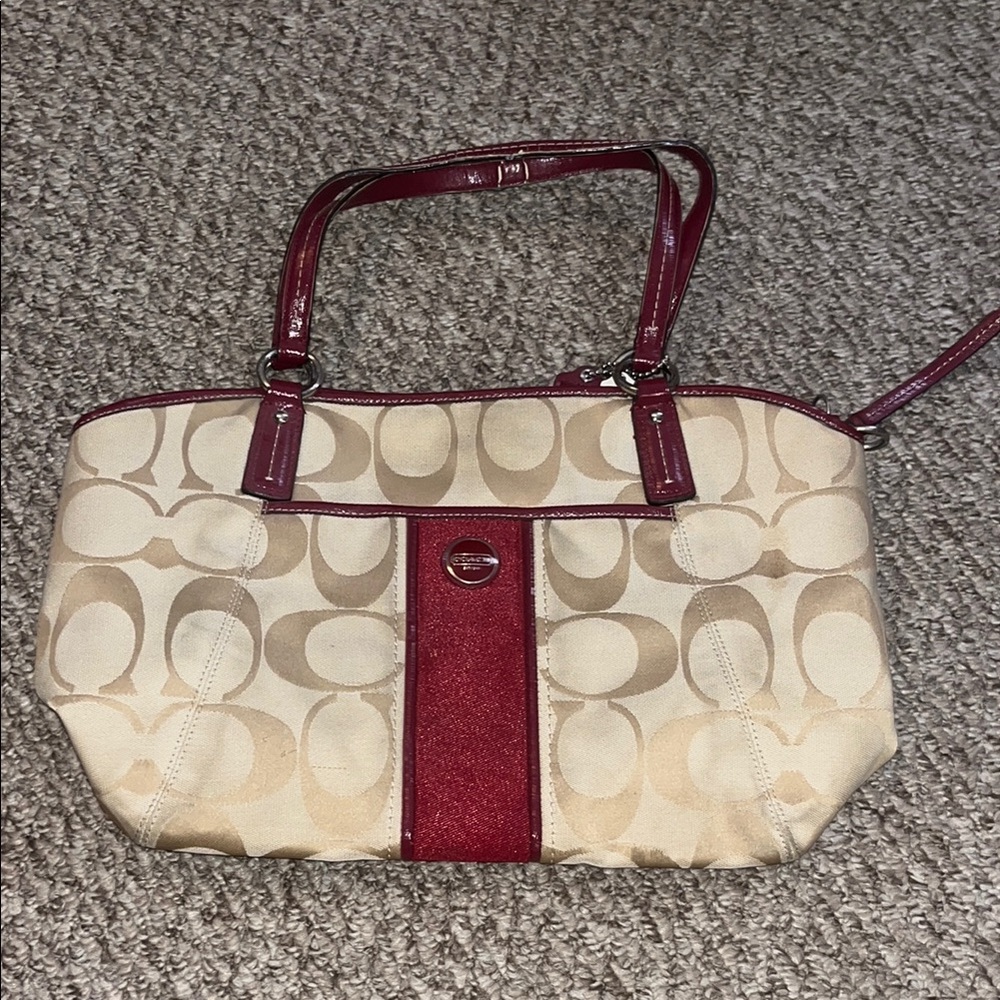Coach Red and Tan Shoulder Bag with Signature Design (used)